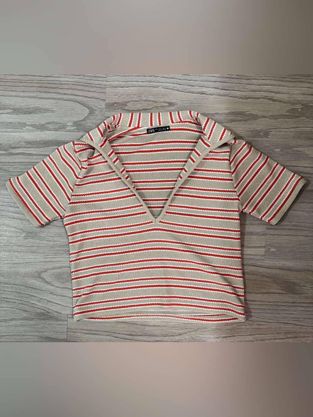 ZARA Striped Knit Polo Top Size S Rust Red Cream Textured Summer Top